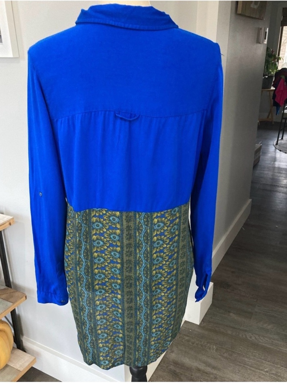 Free People Cobalt Blue Button-Down with Olive Patterned Lower Panel - Picture 3 of 3